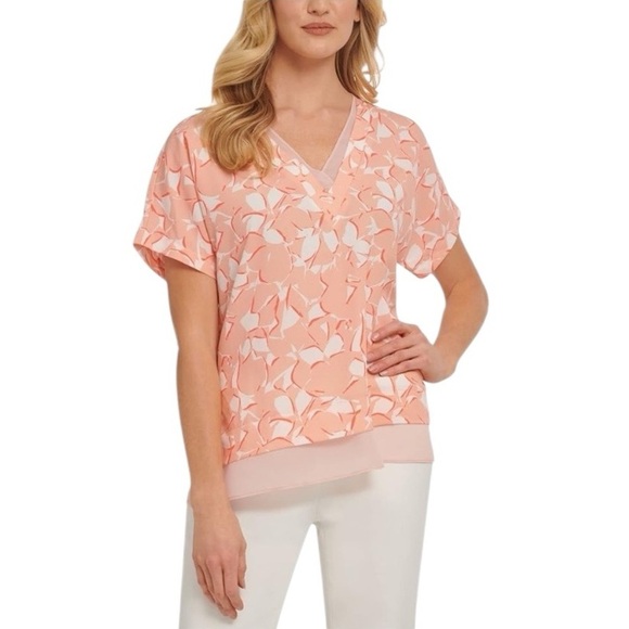 Dkny "NEW" Pastel Peach & White Lightweight Short Sleeve V-neck Blouse Size XL - Picture 1 of 8